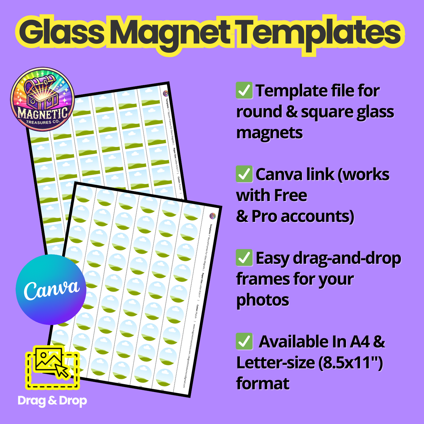 1" Round & Square Glass Magnet Canva Template